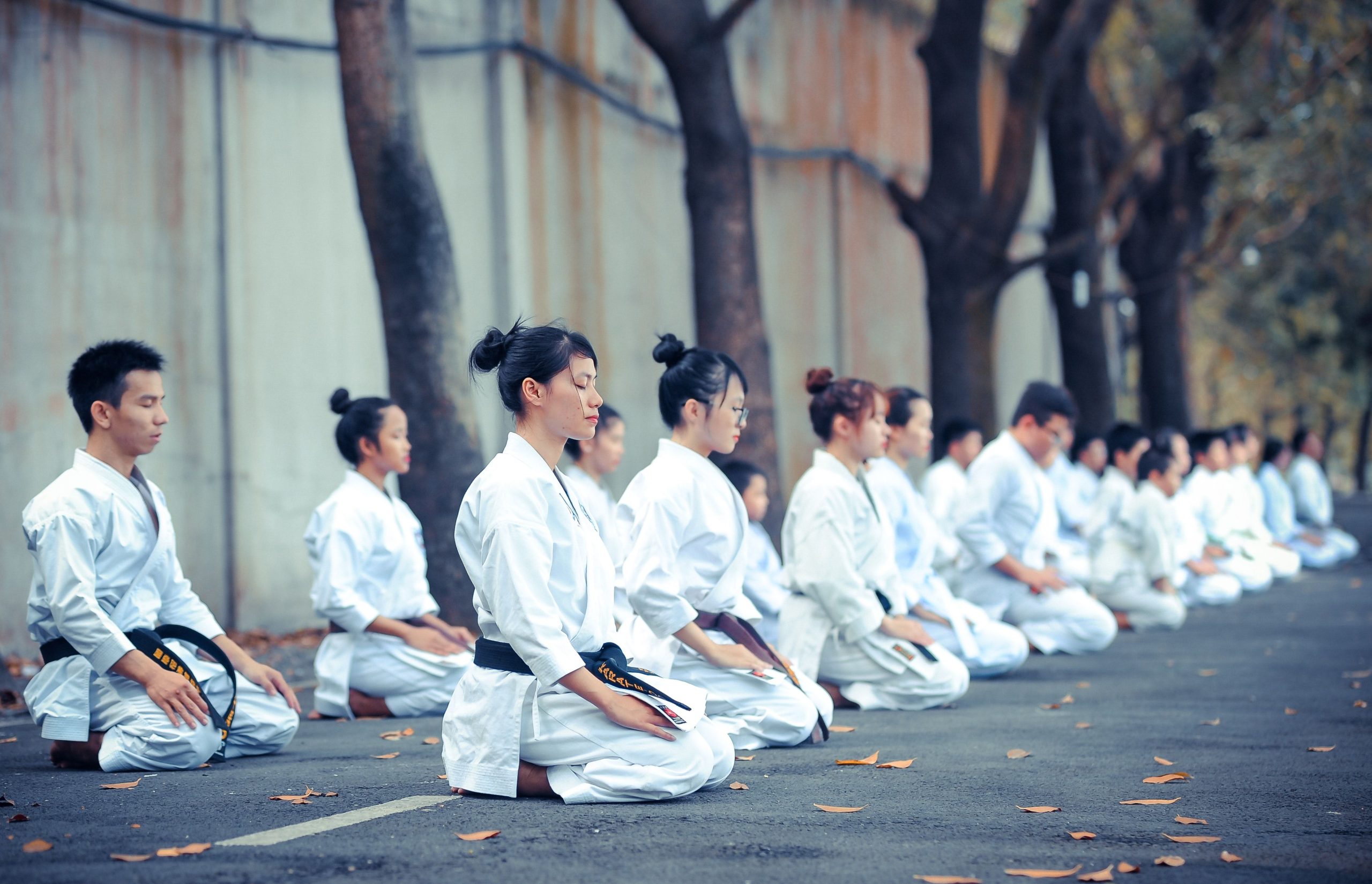 Group of martial artists practicing meditation outdoors