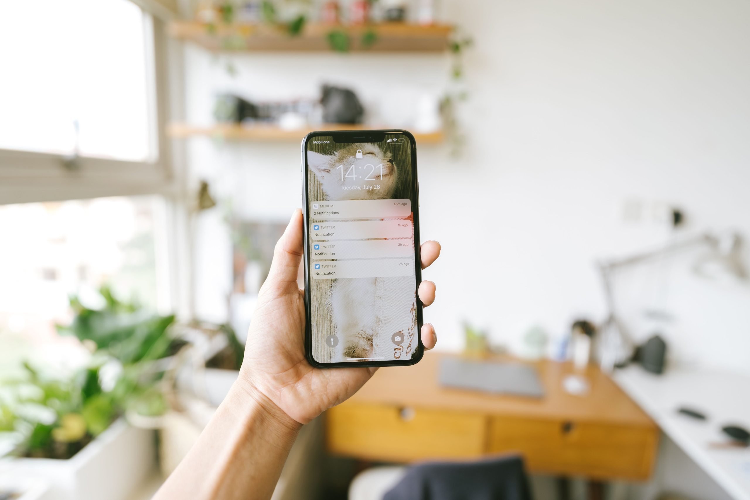 Main tenant smartphone notifications écran bureau flou