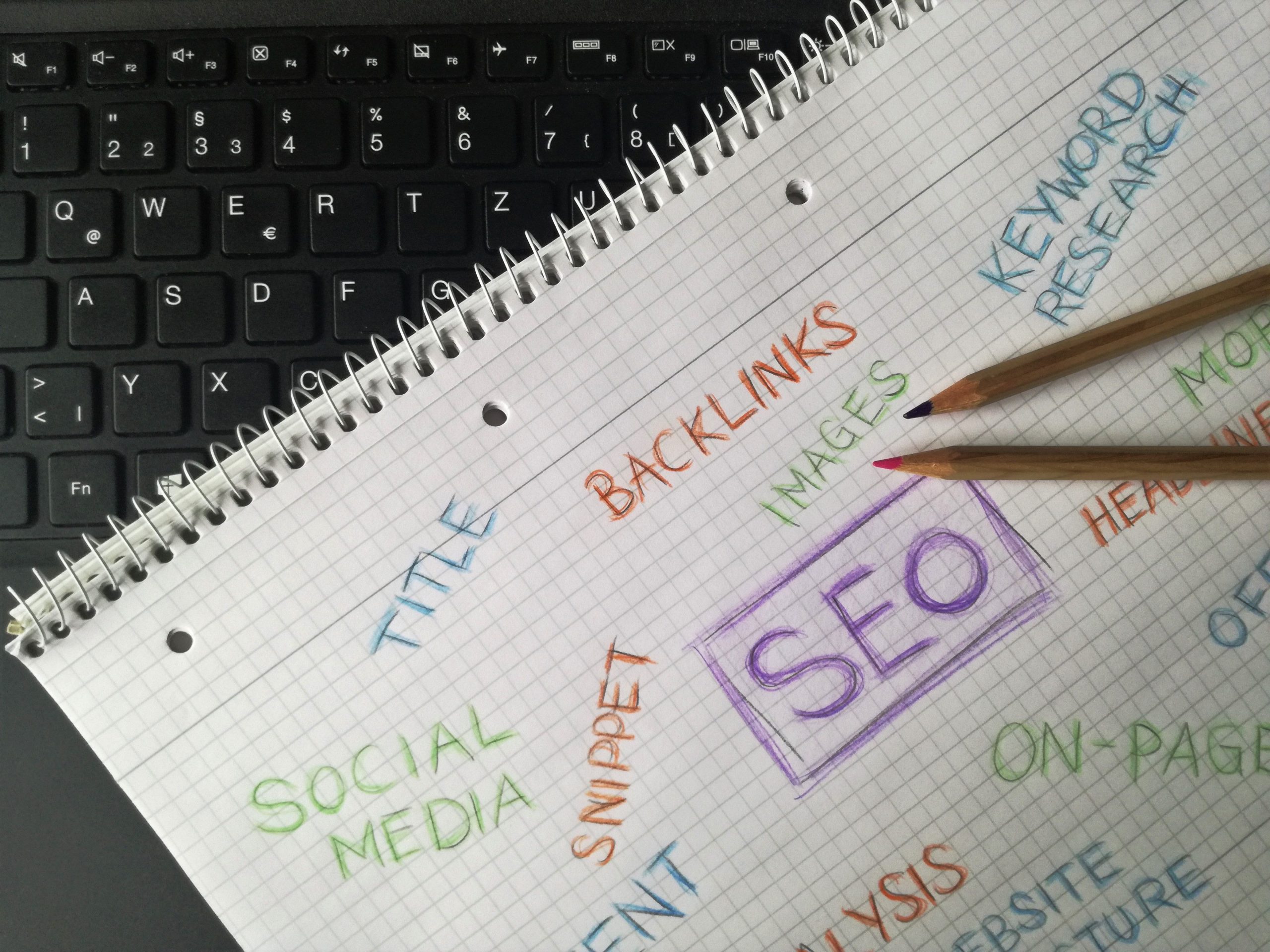 Carnet avec termes SEO et mots-clés griffonnés